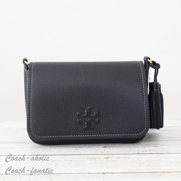 NWT Tory Burch Thea Web Flap Pebbled Leather Crossbody in Black - Picture 7 of 16